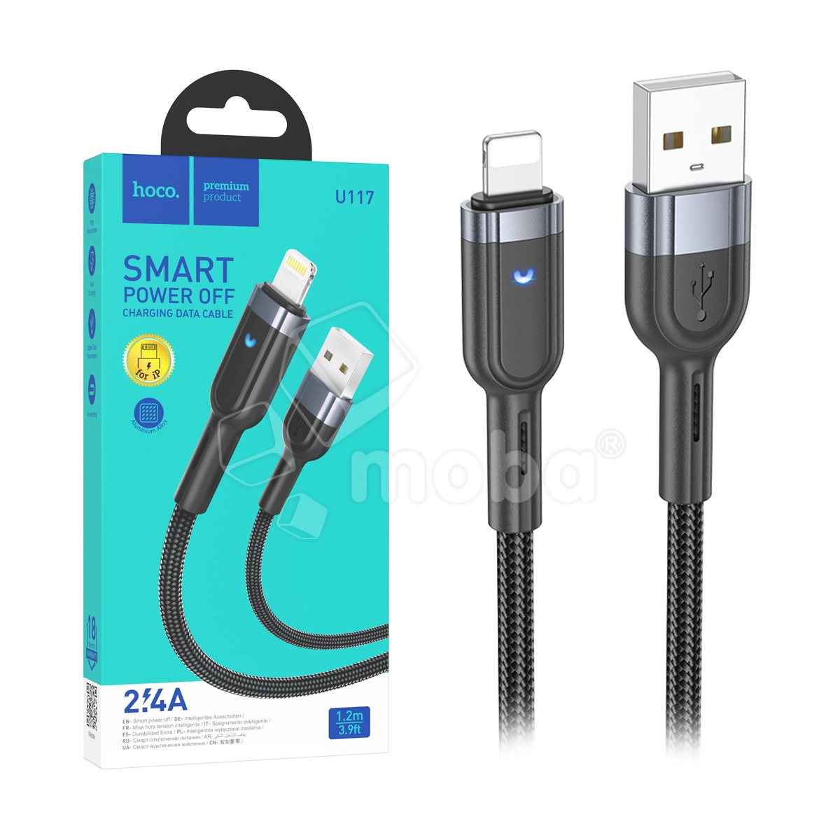 Кабель USB - Lightning Hoco U117 (2.4A, с функцией интеллектуального отключения, индикатор, оплетка нейлон, 1.2 м) Черный