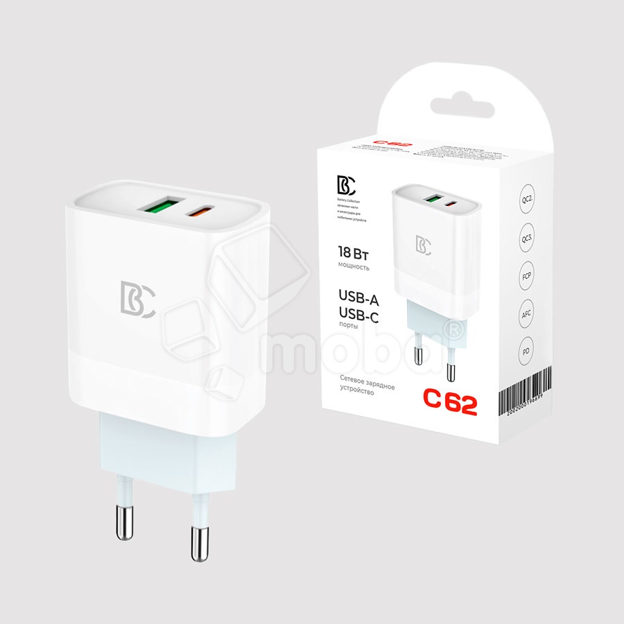 Сетевое зарядное устройство USB/Type-C BC C62 (18W, QC3.0, PD, 2 порта) Белый
