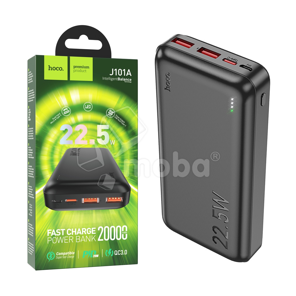 Внешний Аккумулятор (Power Bank) Hoco J101A 20000 mAh (22.5W, QC3.0, PD, 2USB, MicroUSB, Type-C, LED индикатор) Черный