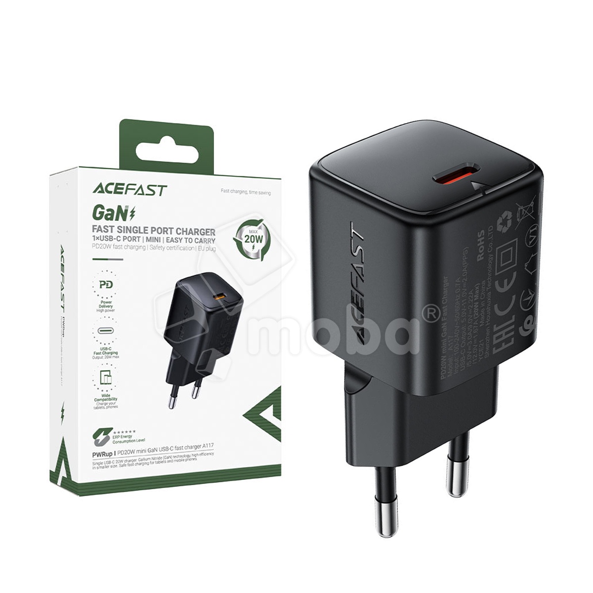 Сетевое зарядное устройство Type-C Acefast A117 (20W, PD, mini GaN) Черный