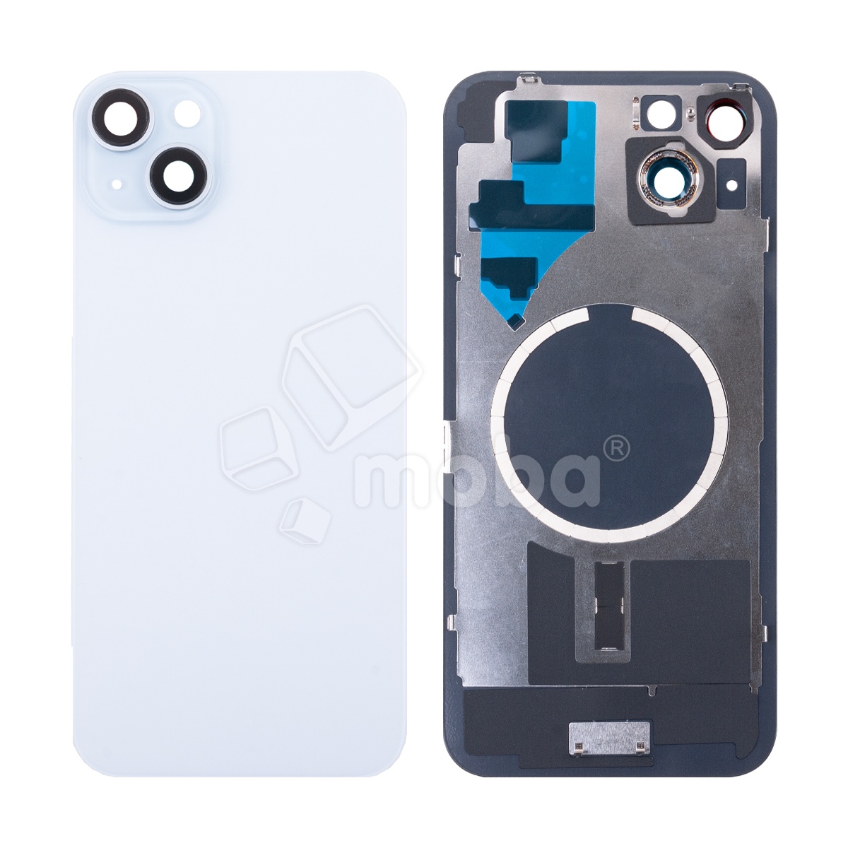 Задняя крышка для iPhone 15 Plus (A3094) в сборе со стеклом камеры Голубой (стекло, монолит, MagSafe, логотип) - Премиум