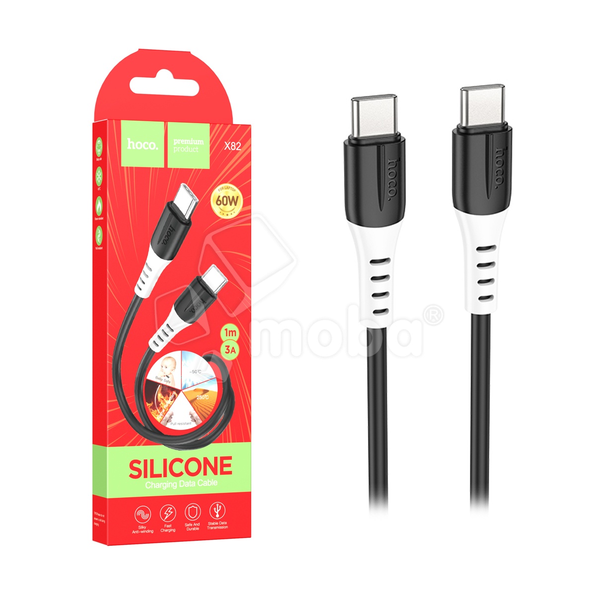 Кабель Type-C - Type-C Hoco X82 (3A, 60W, PD, силикон, термостойкий) Черный