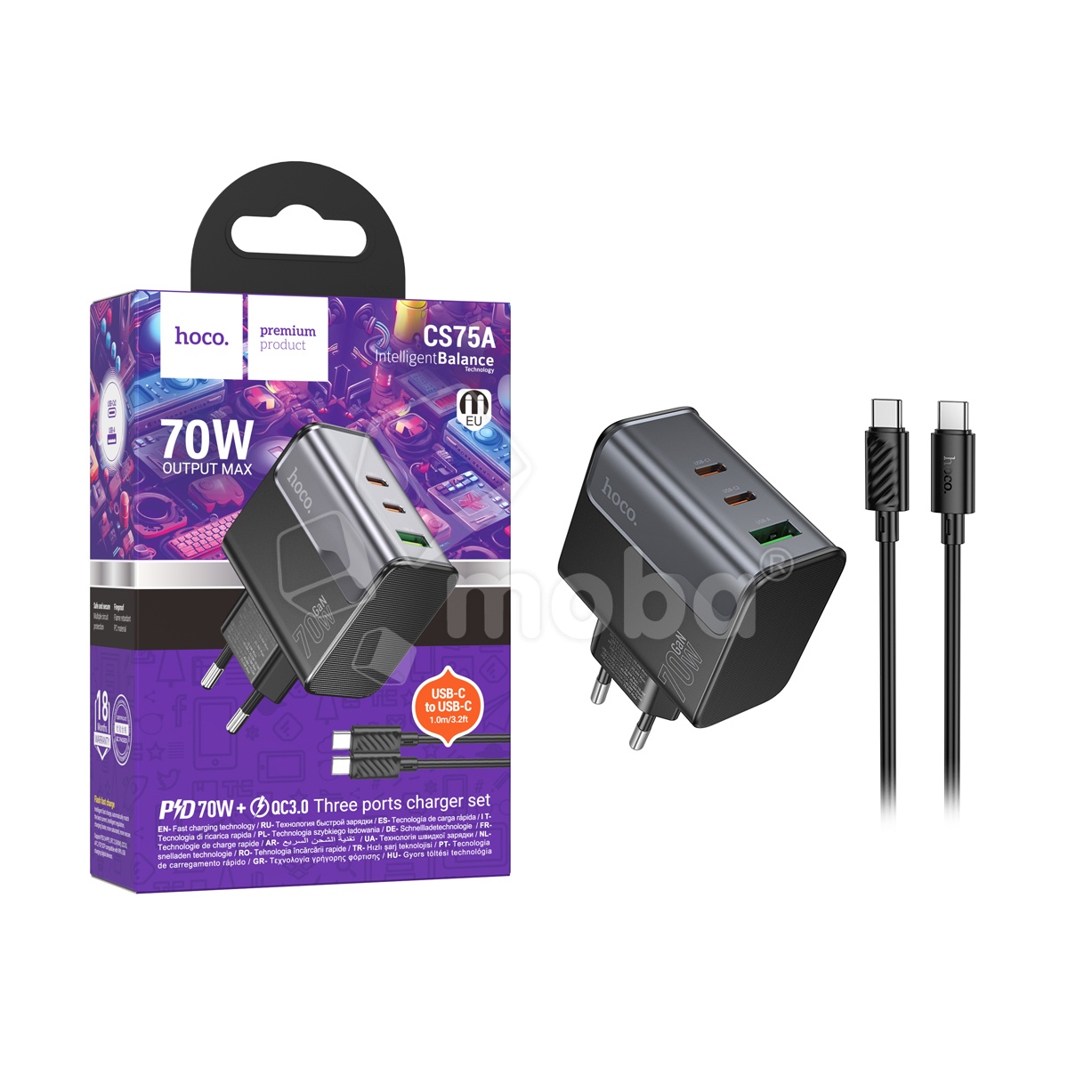 Сетевое зарядное устройство USB/Type-C Hoco CS75A (70W, QC3.0, PD, 3 порта, кабель Type-C-Type-C) Черный