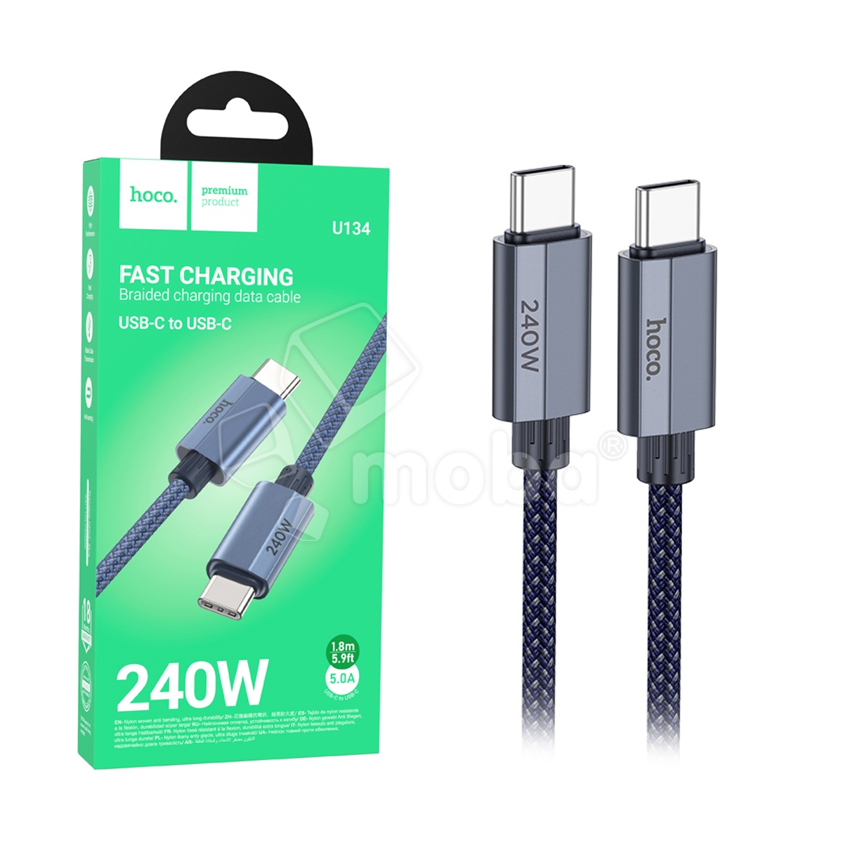 Кабель Type-C - Type-C Hoco U134 (5A, 240W, PD, оплетка нейлон,  1.8 м) Темно-синий