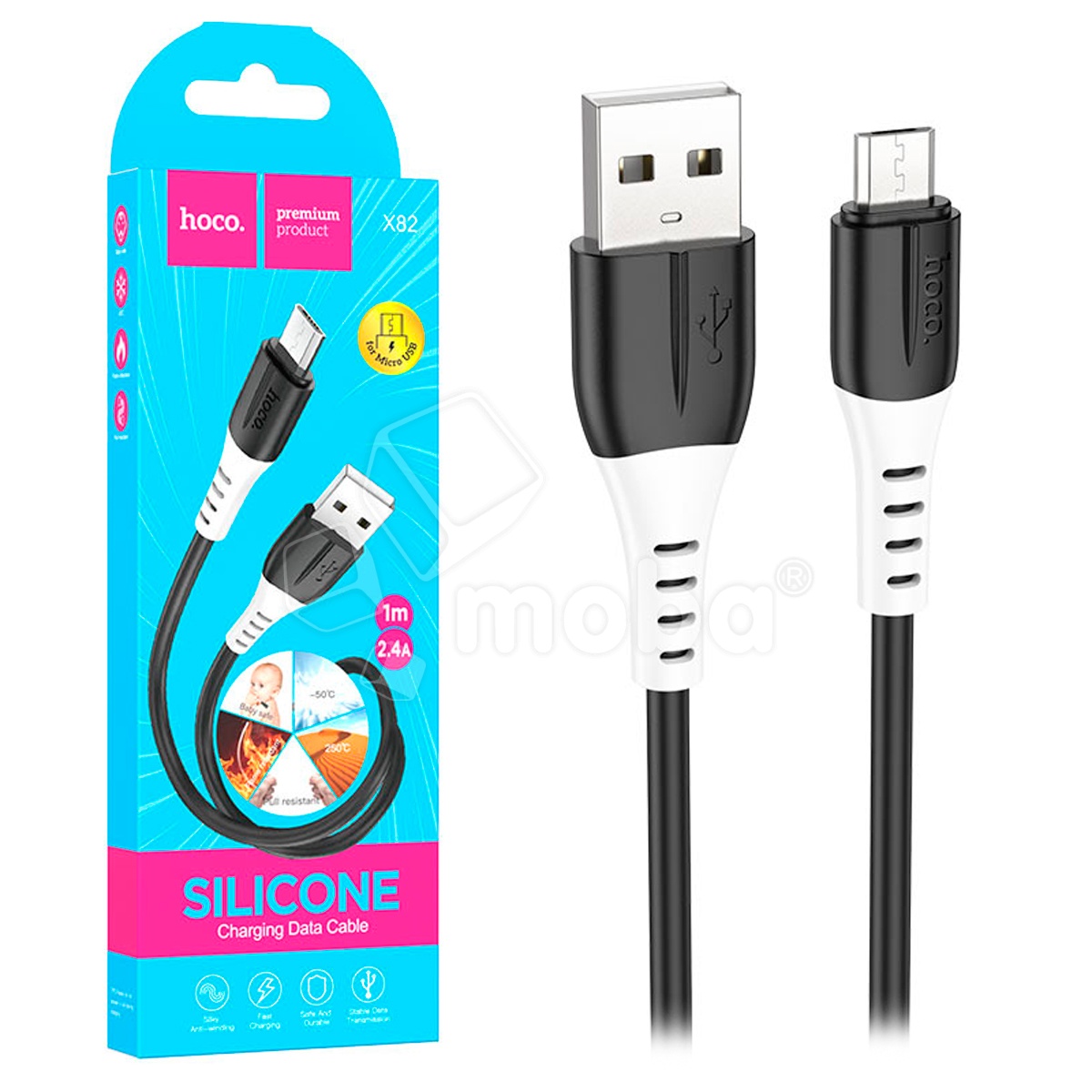 Кабель USB - MicroUSB Hoco X82 (2.4A, оплетка силикон, термостойкий) Черный