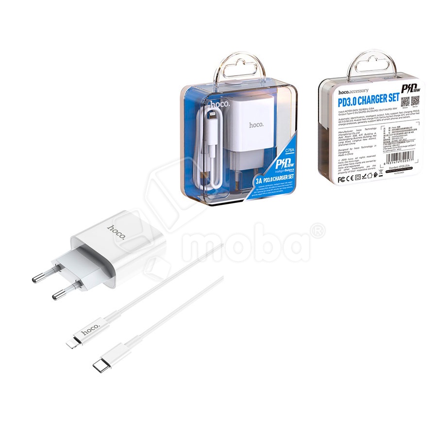 Сетевое зарядное устройство Type-C Hoco C76A Plus (20W, PD, кабель Type-C-Lightning) Белый