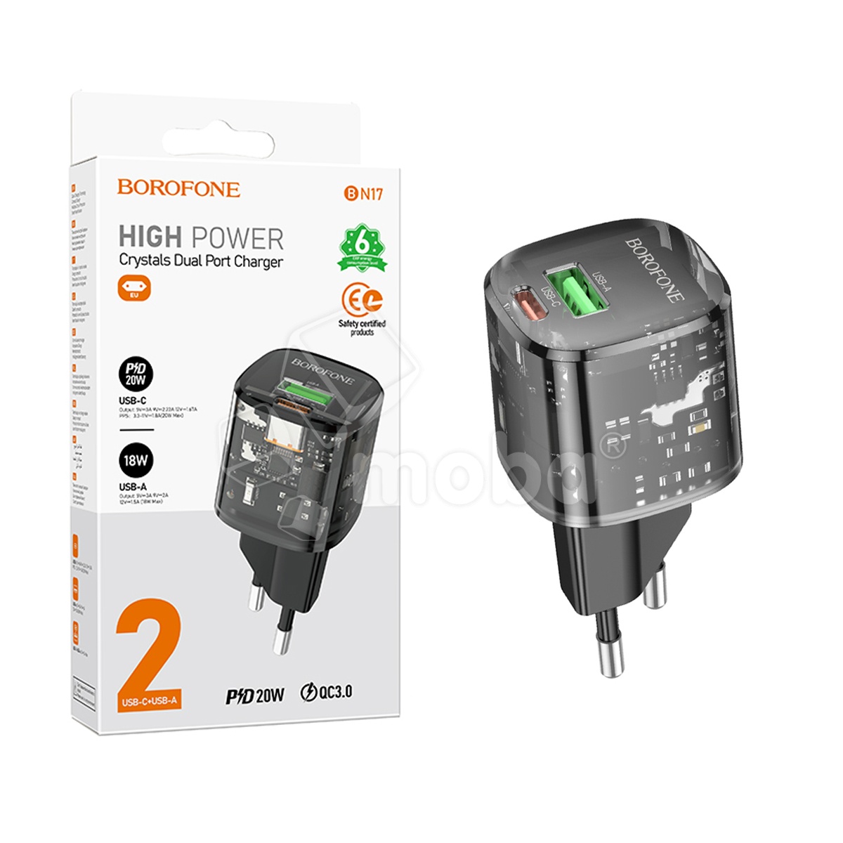 Сетевое зарядное устройство USB/Type-C Borofone BN17 (20W, QC3.0, PD, 2 порта, прозрачный корпус) Черный