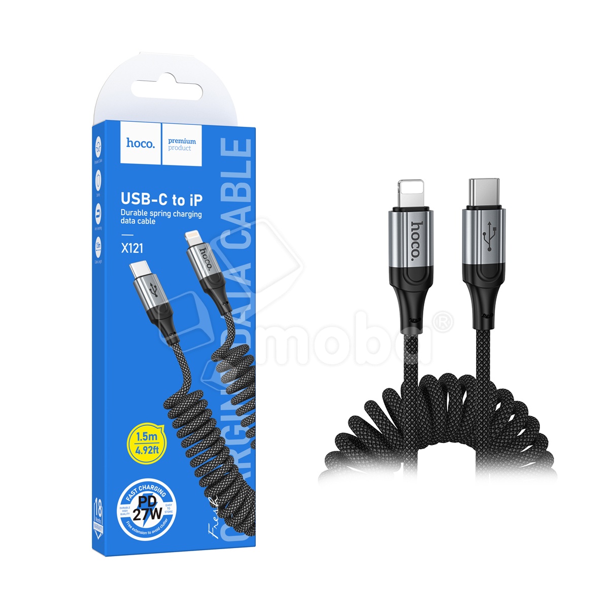 Кабель Type-C - Lightning Hoco X121 (3A, 27W, PD, 1.5 м, пружина) Черный