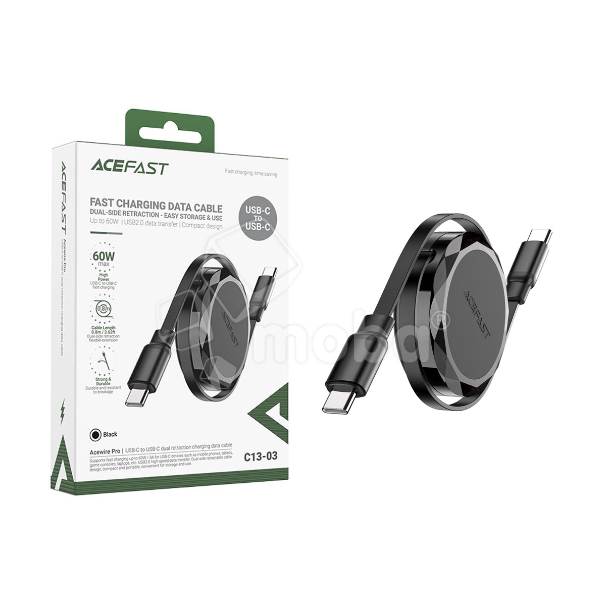 Кабель Type-C - Type-C Acefast С13-03 (3A, 60W, PD, 0.8 м, двойное втягивание) Черный