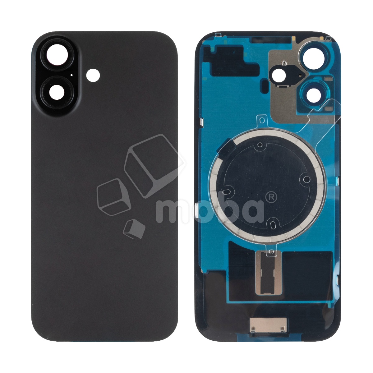 Задняя крышка для iPhone 17 (A3520) в сборе со стеклом камеры Черный (стекло, монолит, MagSafe, логотип) - Премиум