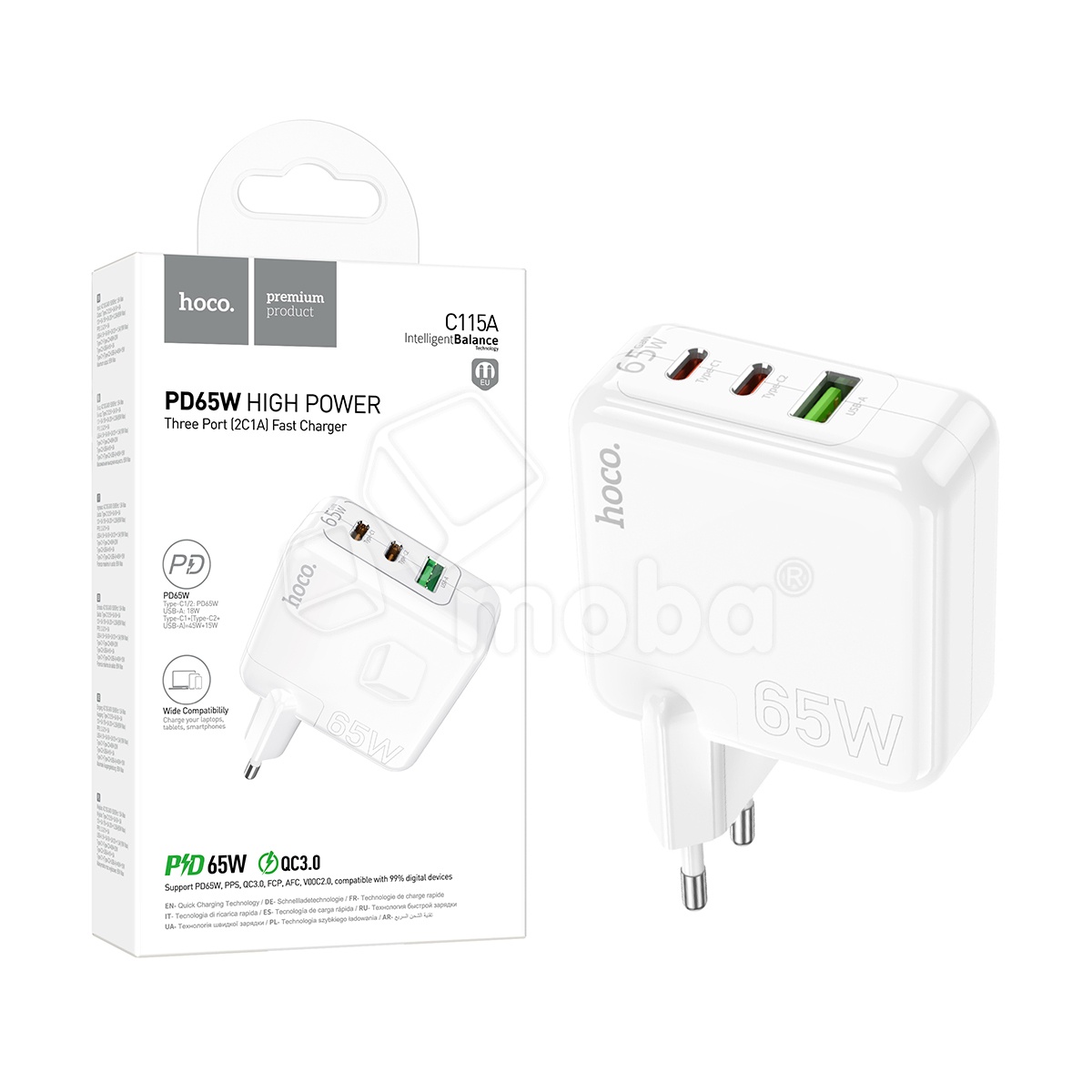 Сетевое зарядное устройство USB/Type-C Hoco C115A (65W, QС3.0, PD, 3 порта, GaN) Белый