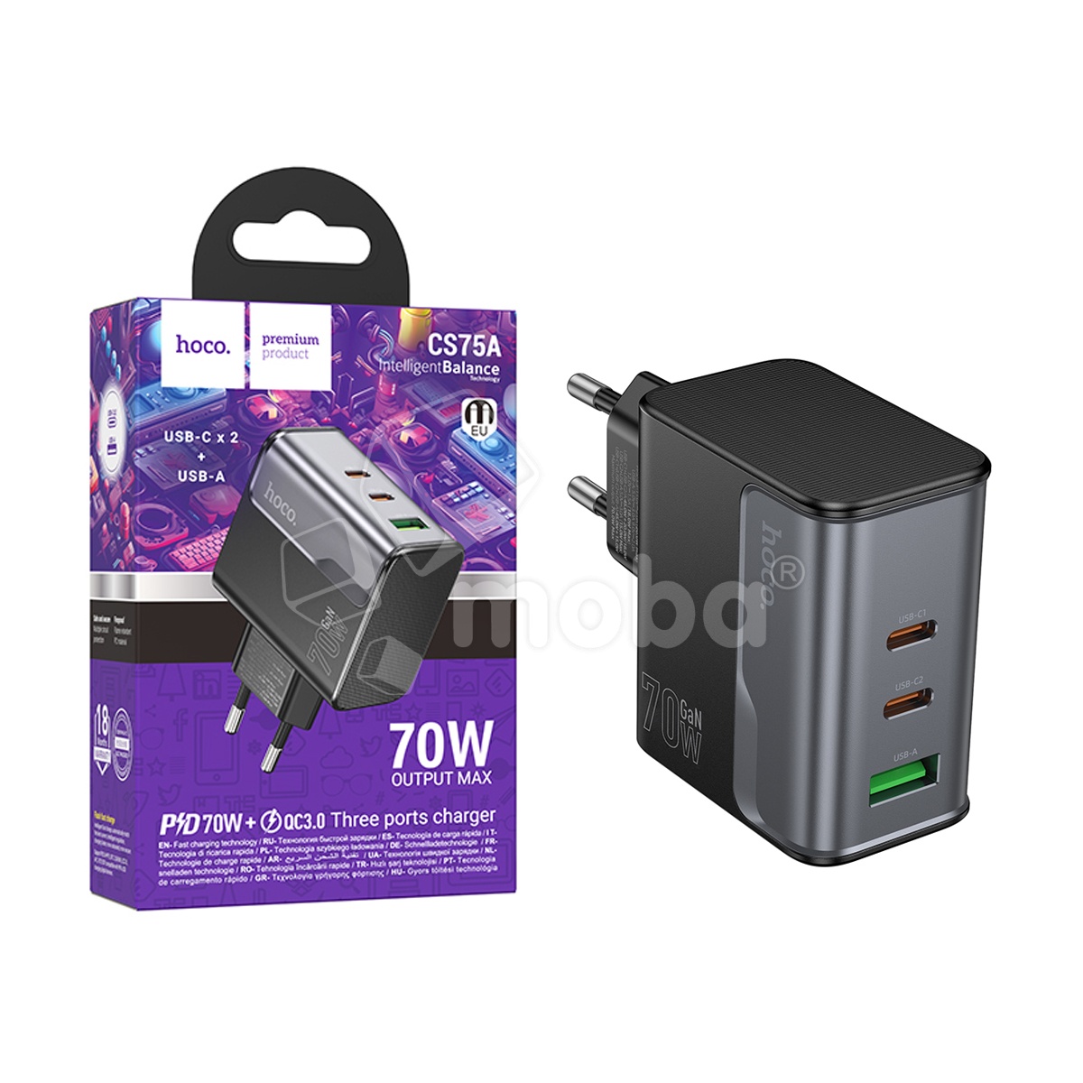 Сетевое зарядное устройство USB/Type-C Hoco CS75A (70W, QC3.0, PD, 3 порта) Черный