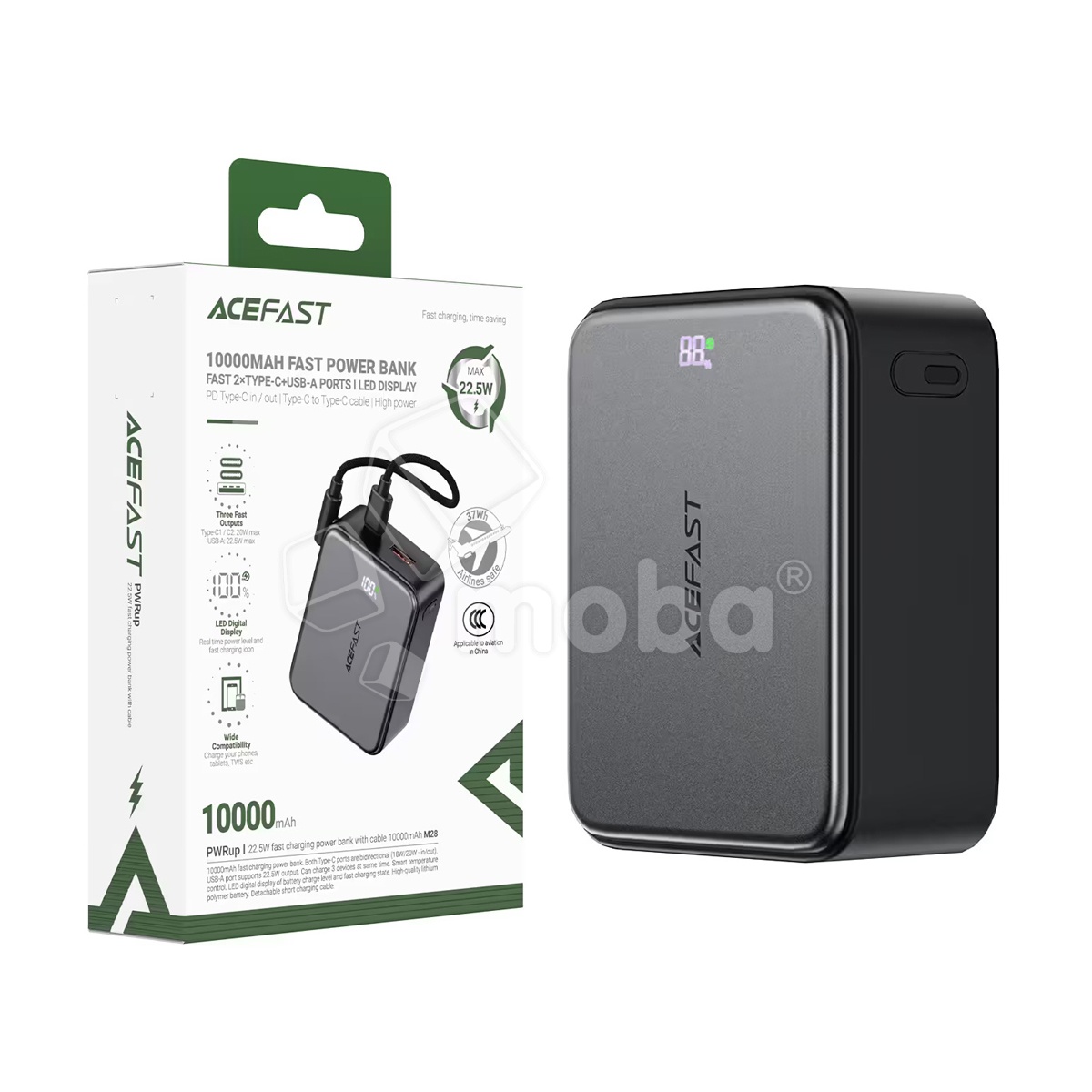Внешний Аккумулятор (Power Bank) Acefast M28 10000 mAh (22.5W, PD, Type-C, кабель Type-C) Черный