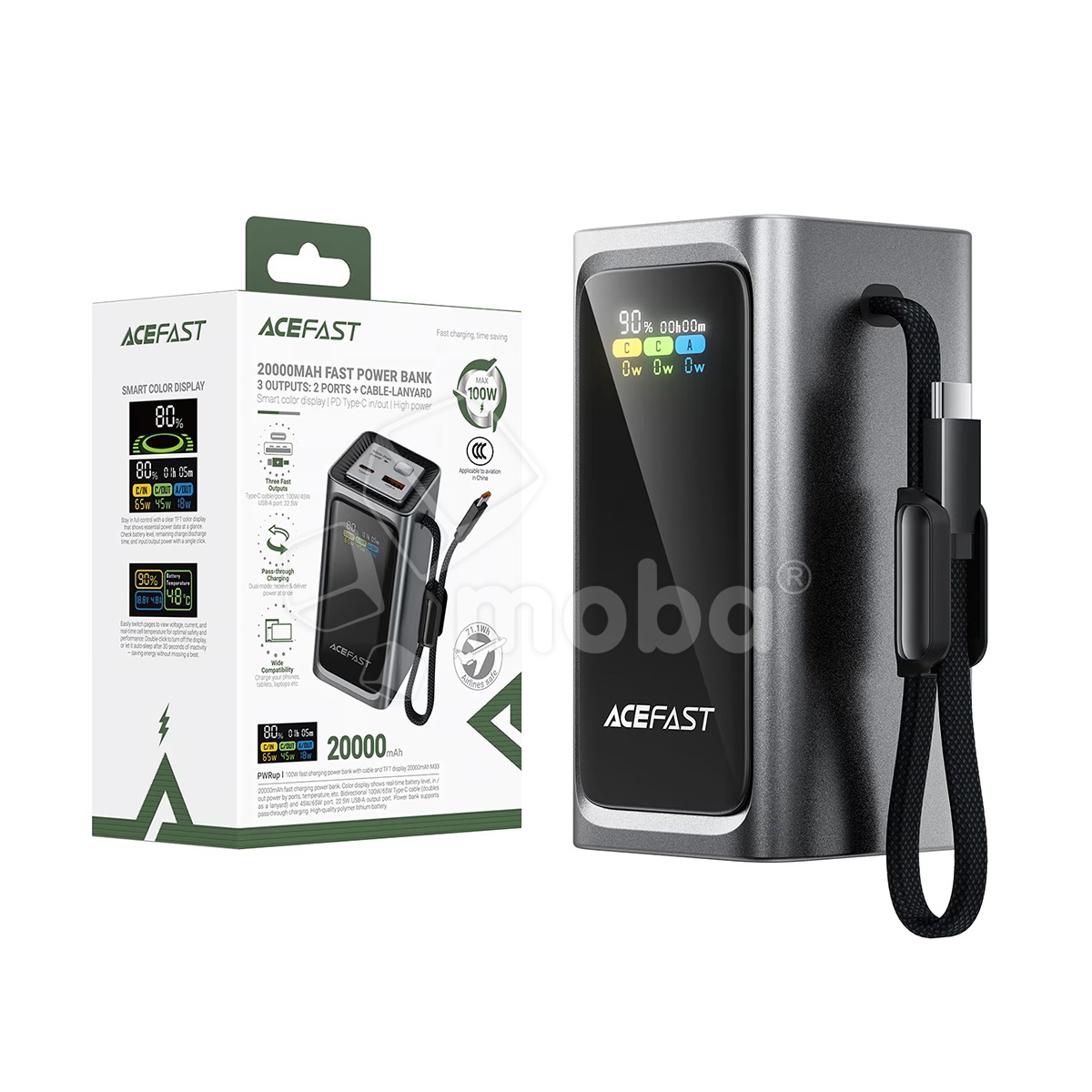 Внешний Аккумулятор (Power Bank) Acefast M33 20000 mAh (100W, PD, Type-C, встроенный кабель Type-C, LED дисплей) Серый