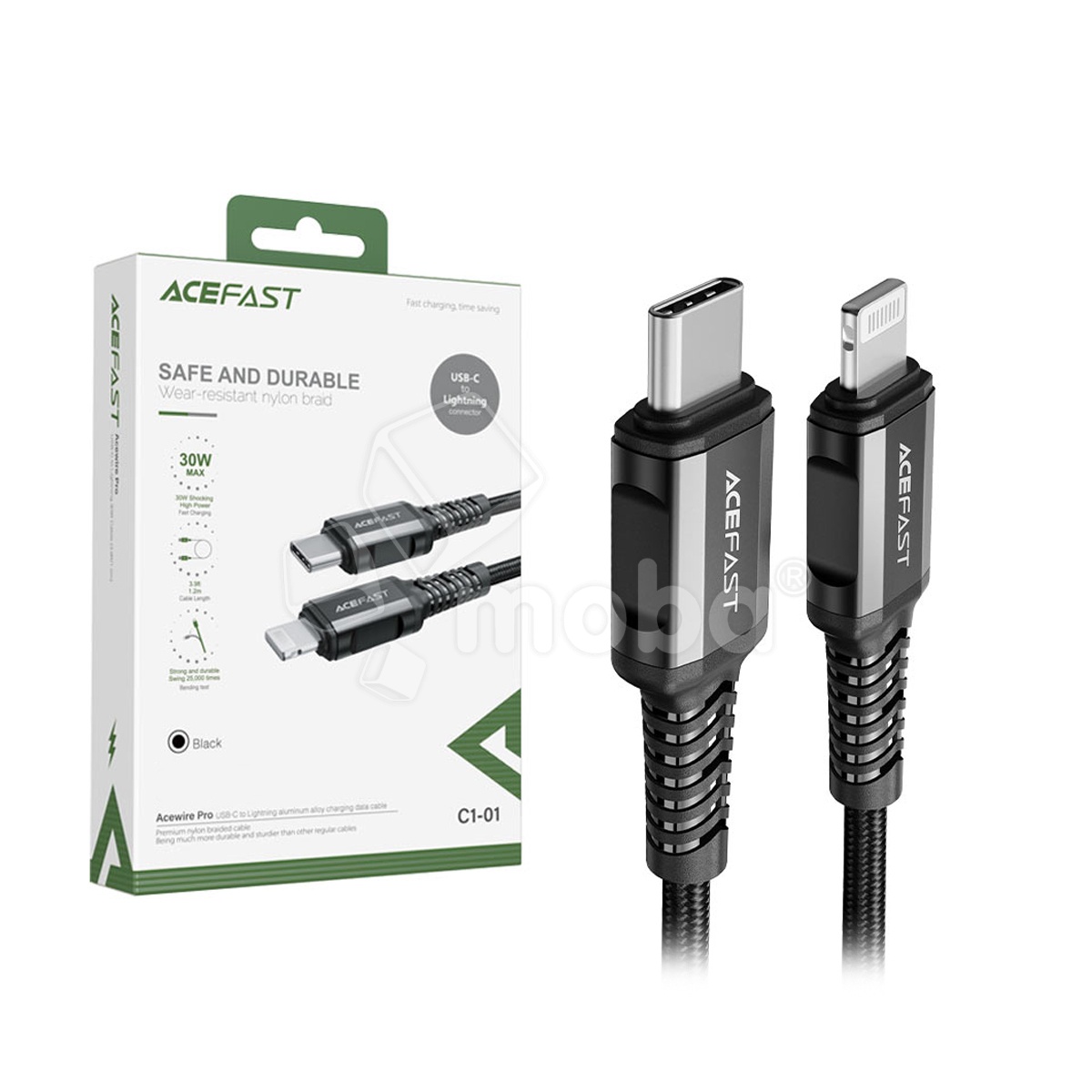 Кабель Type-C - Lightning Acefast C1-01 (3A, 30W, PD, MFI, оплетка нейлон, 1.2 м) Черный