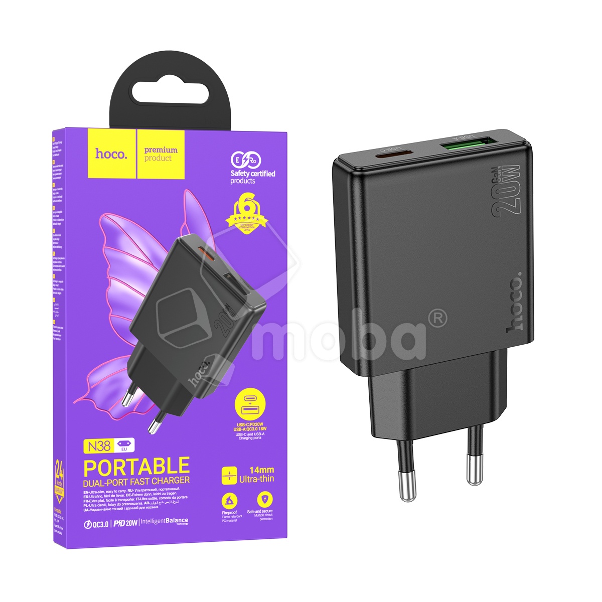 Сетевое зарядное устройство USB/Type-C Hoco N38 (20W, QC3.0, PD, 2 порта) Черный