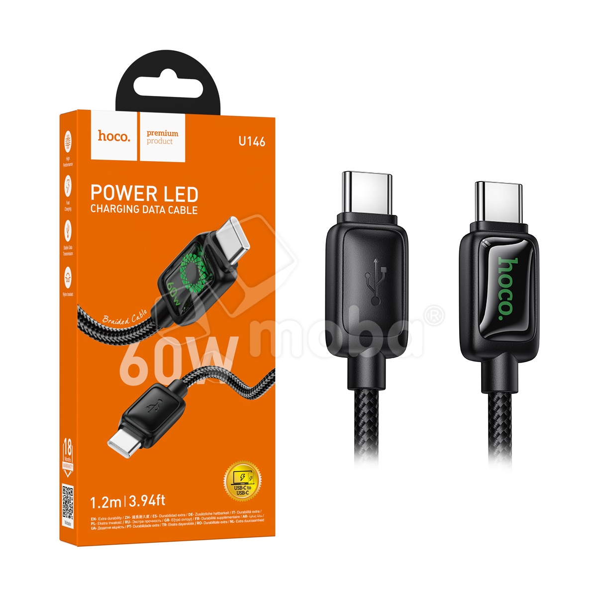 Кабель Type-C - Type-C Hoco U146 (3A, 60W, PD, оплетка нейлон, 1.2 м) Черный