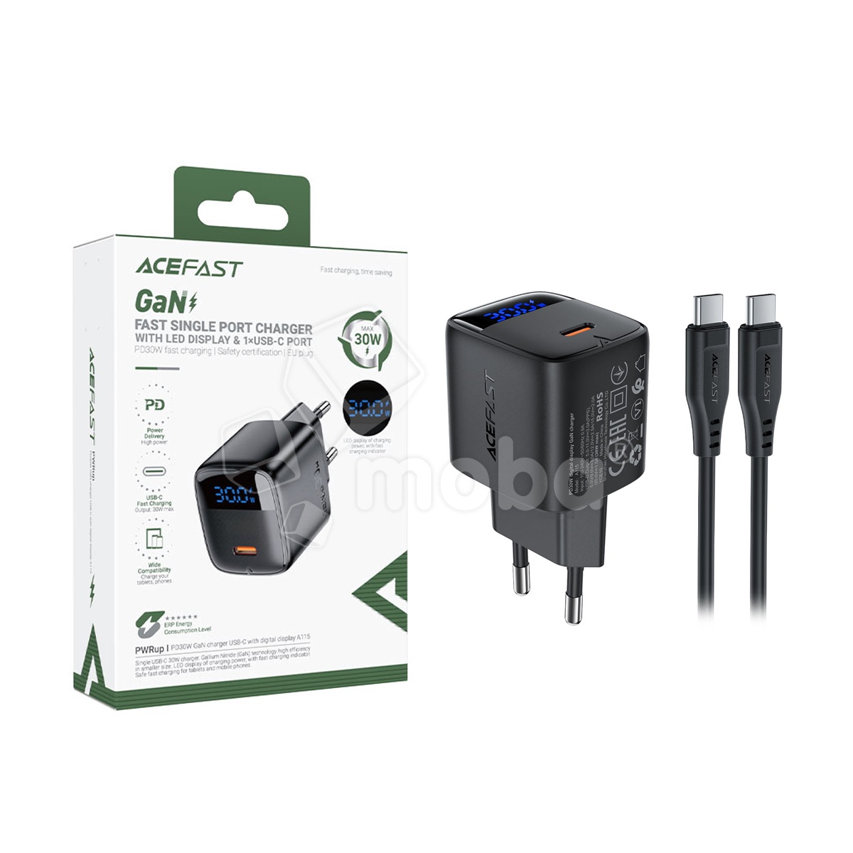 Сетевое зарядное устройство Type-C Acefast A115 (30W, PD, кабель Type-C-Type-C, GaN, с дисплеем) Черный