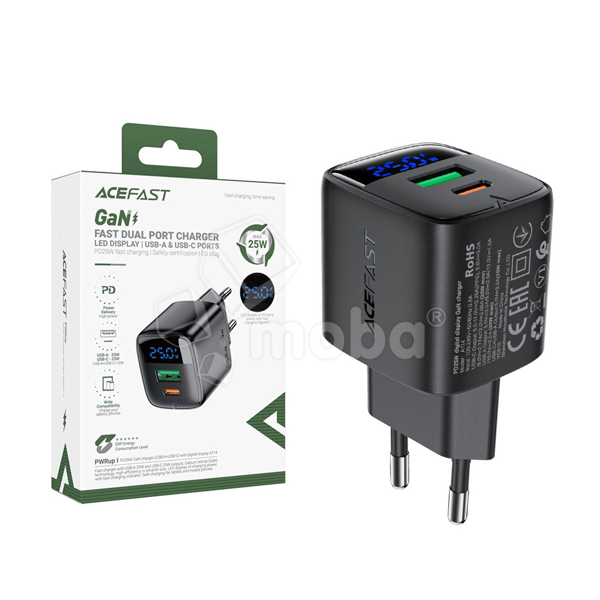Сетевое зарядное устройство USB/Type-C Acefast A114 (25W, QC3.0, PD, 2 порта, GaN, с дисплеем) Черный