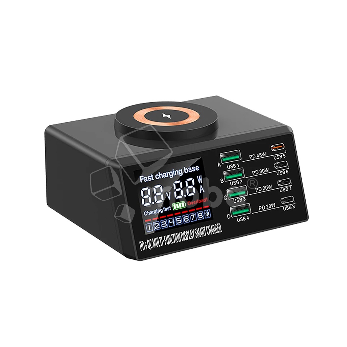 Зарядная станция (110W, 8 портов, 4USB-QC0.3/4Type-C-PD, Qi 15W, LCD)