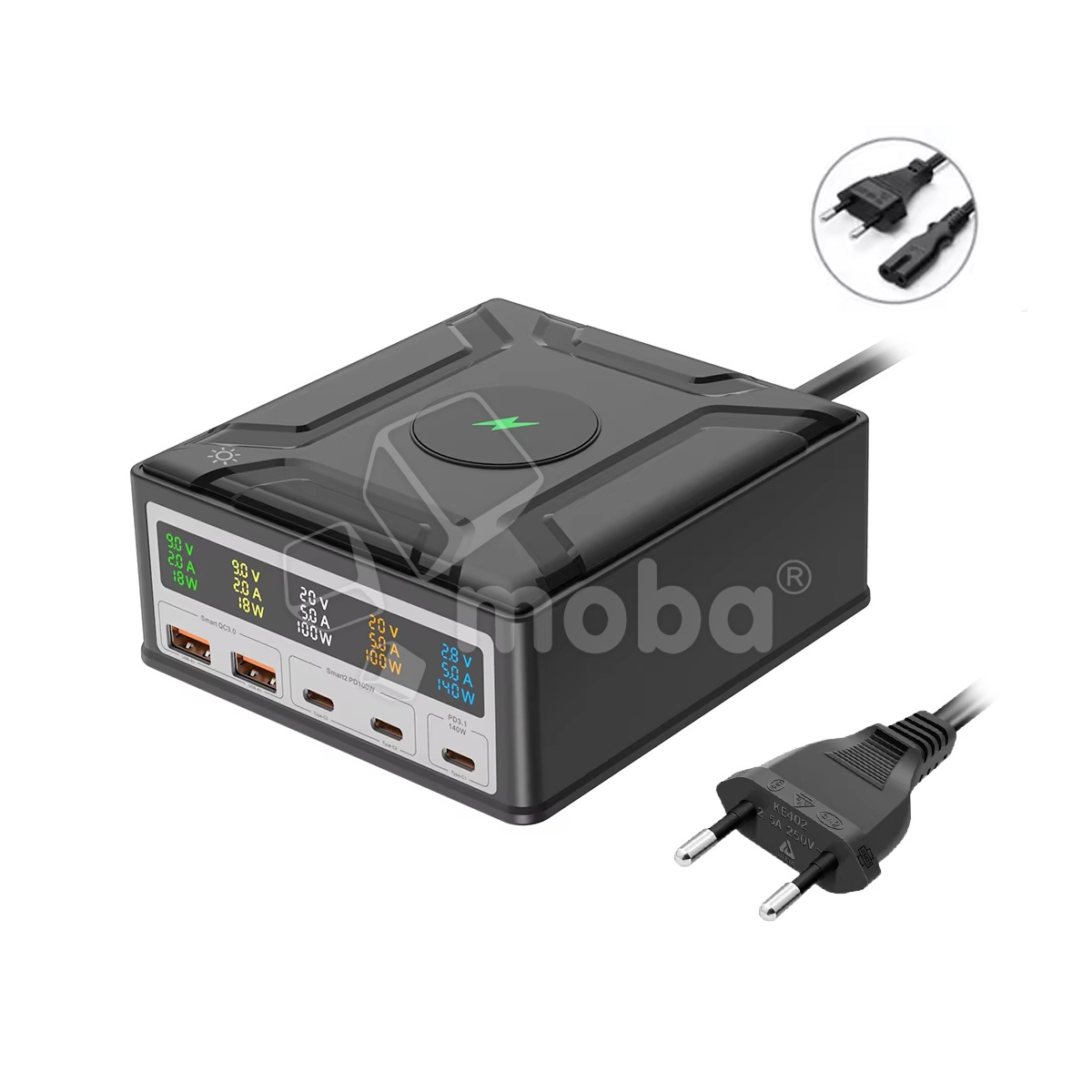 Зарядная станция GaN (260W, 5 портов, 2USB-QC3.0/3Type-C-PD3.1, Qi 15W, LCD)