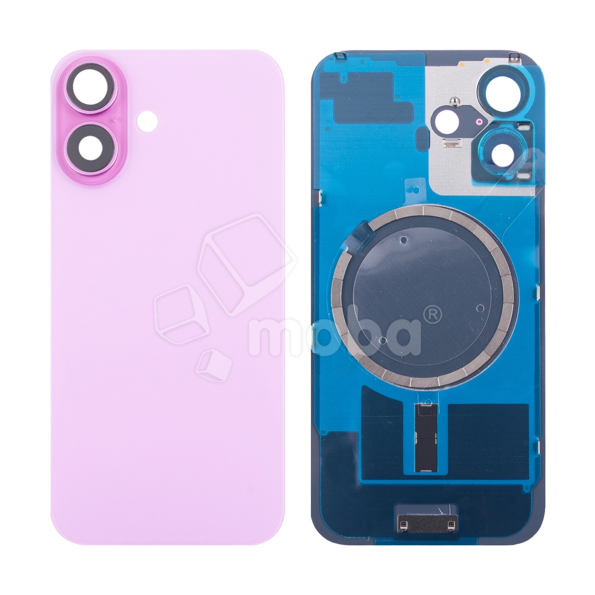 Задняя крышка для iPhone 16 (A3287) в сборе со стеклом камеры Розовый (стекло, монолит, MagSafe, логотип) - Премиум