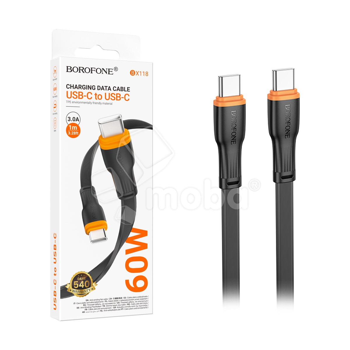 Кабель Type-C - Type-C Borofone BX118 (3A, 60W, плоский) Черный