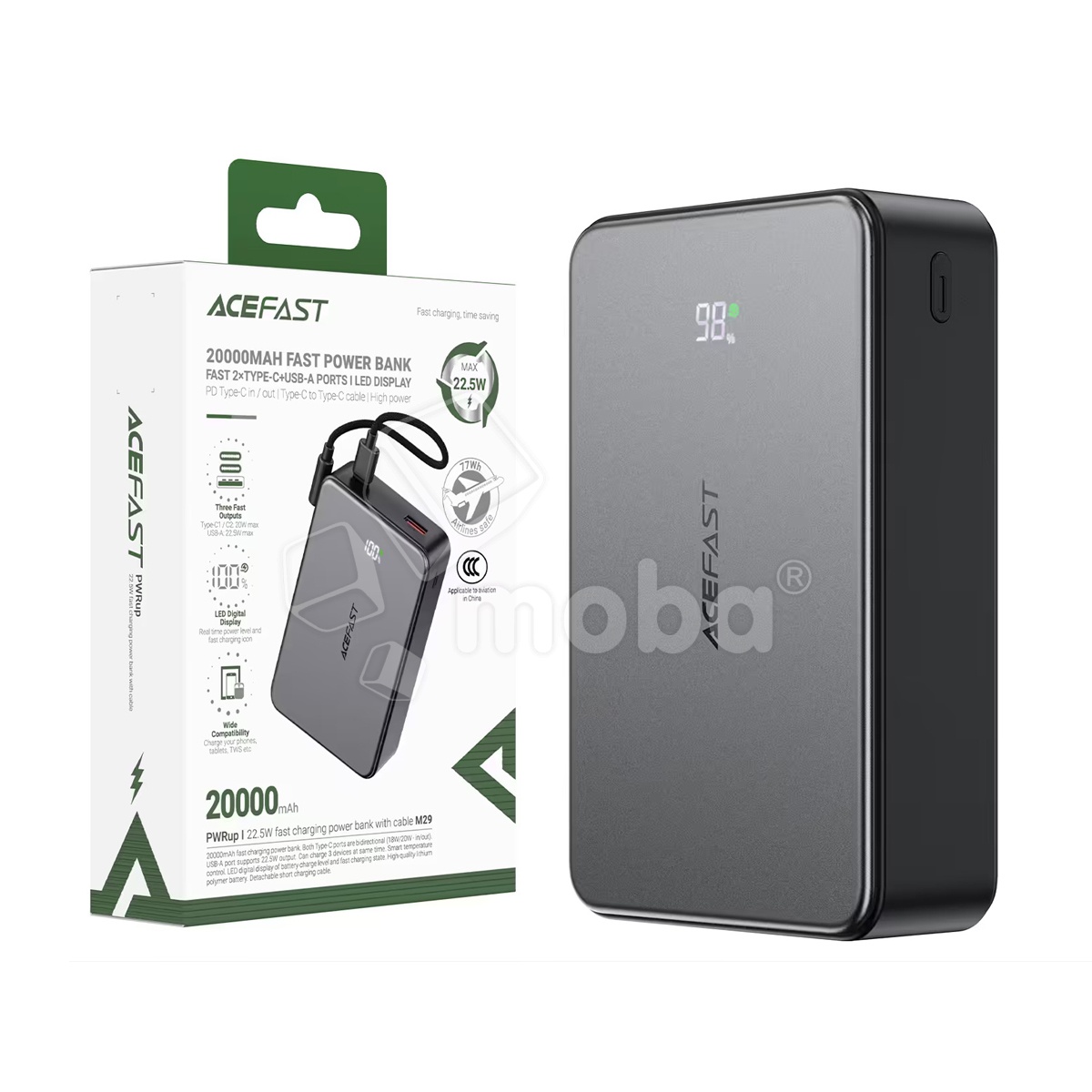 Внешний Аккумулятор (Power Bank) Acefast M29 20000 mAh (22.5W, 20W, PD, Type-C, кабель Type-C) Черный