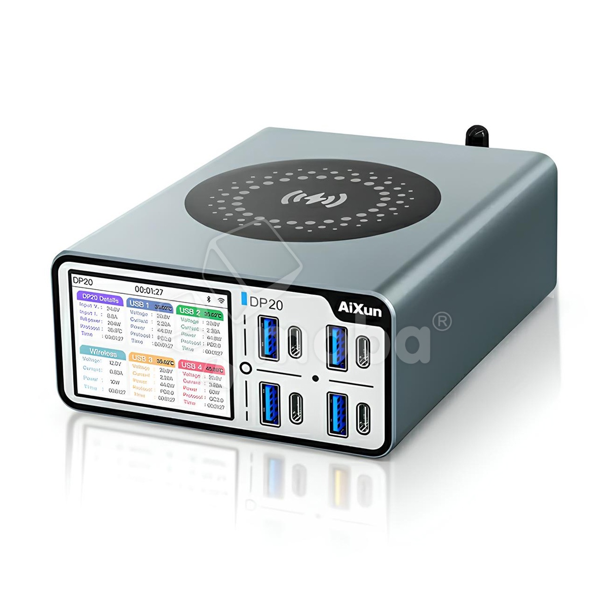 Зарядная станция Aixun DP20 (200W, 8 портов 4USB-QC3.0/4Type-C-PD, Qi 15W, LCD)