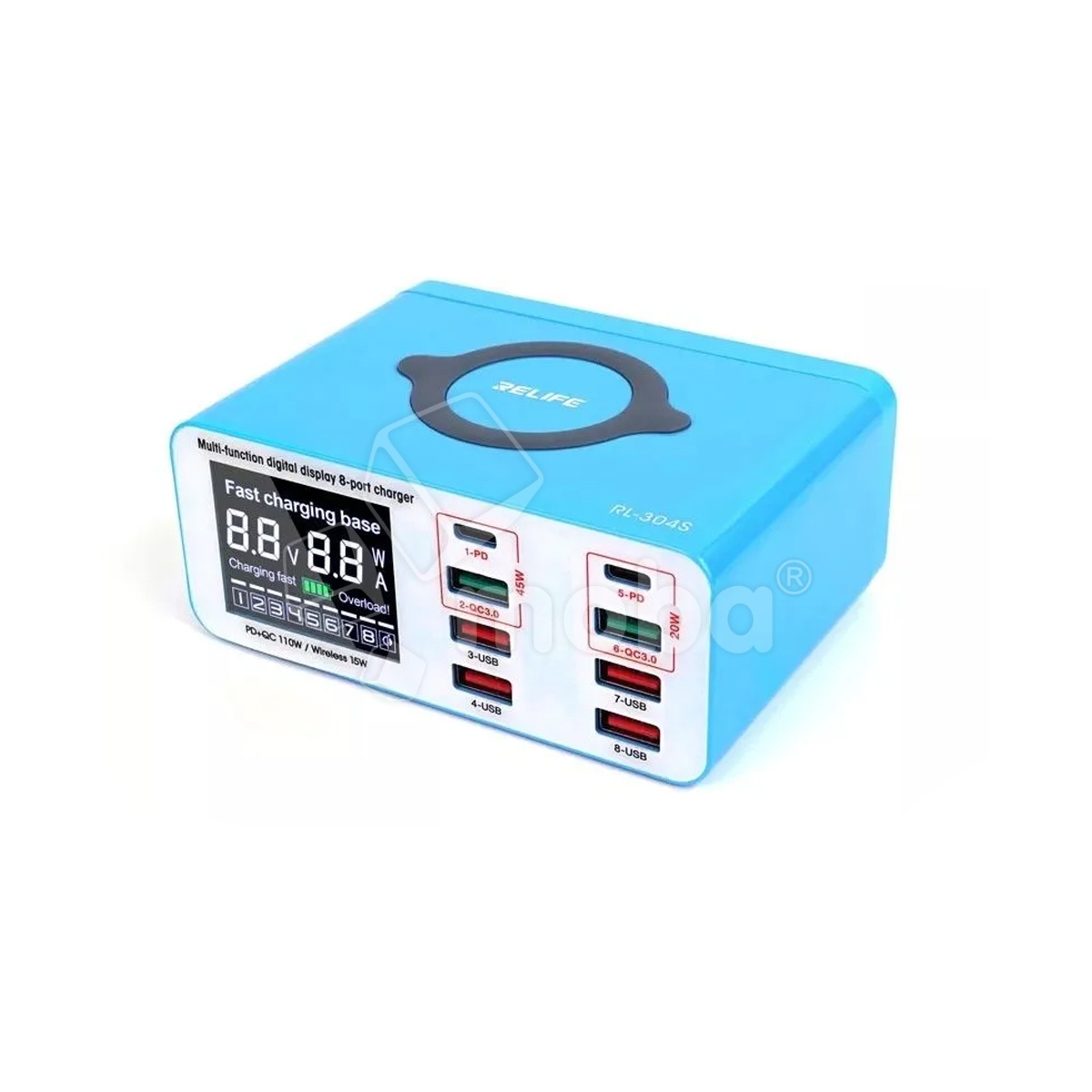 Зарядная станция Relife RL-304S (110W, 8 портов 4USB/2USB QC3.0/2Type-C PD, Qi 15W, LCD)