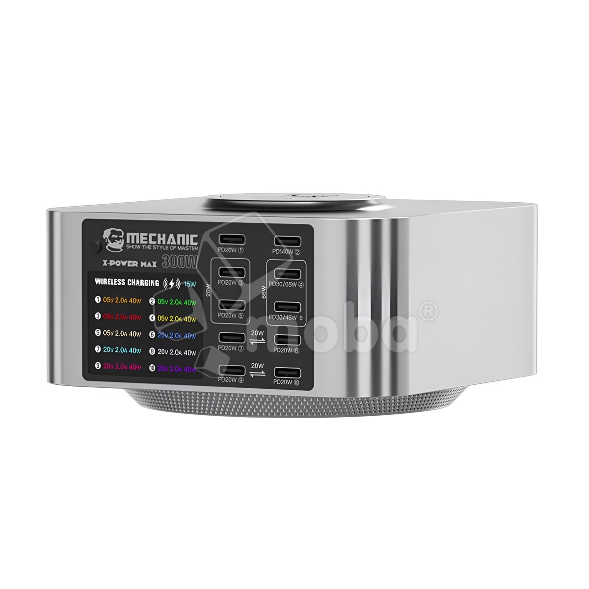 Зарядная станция Mechanic X Power (150W, 10 портов, 5USB-QC3.0/5Type-C-PD, Qi 15W, LCD)