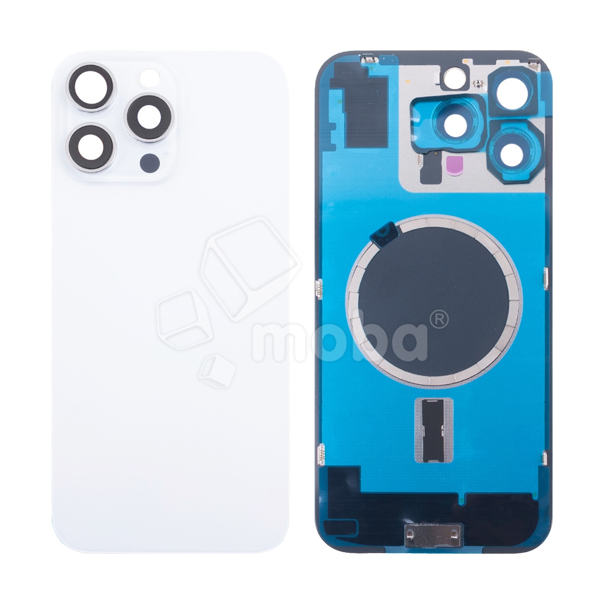Задняя крышка для iPhone 16 Pro Max (A3296) в сборе со стеклом камеры Белый (стекло, монолит, MagSafe, логотип) - Премиум