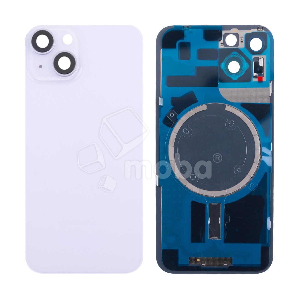 Задняя крышка для iPhone 14 (A2883) в сборе со стеклом камеры Фиолетовый (стекло, монолит, MagSafe, логотип) - Премиум