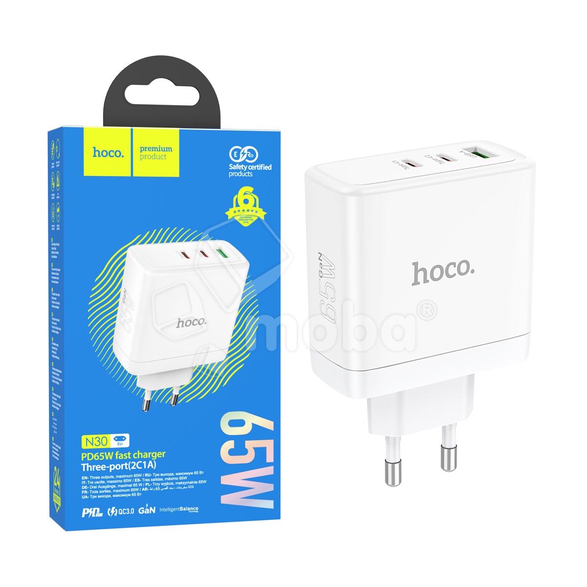 Сетевое зарядное устройство USB/Type-C Hoco N30 (65W, QС3.0, PD, 3 порта, GaN) Белый