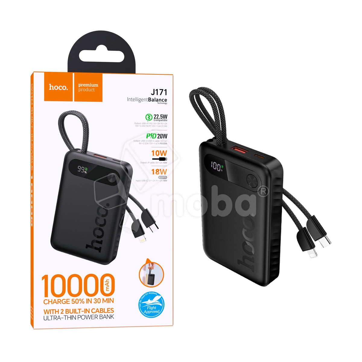 Внешний Аккумулятор (Power Bank) Hoco J171 10000 mAh (22.5W, 20W, PD, Type-C, кабель Type-C, LED дисплей) Черный