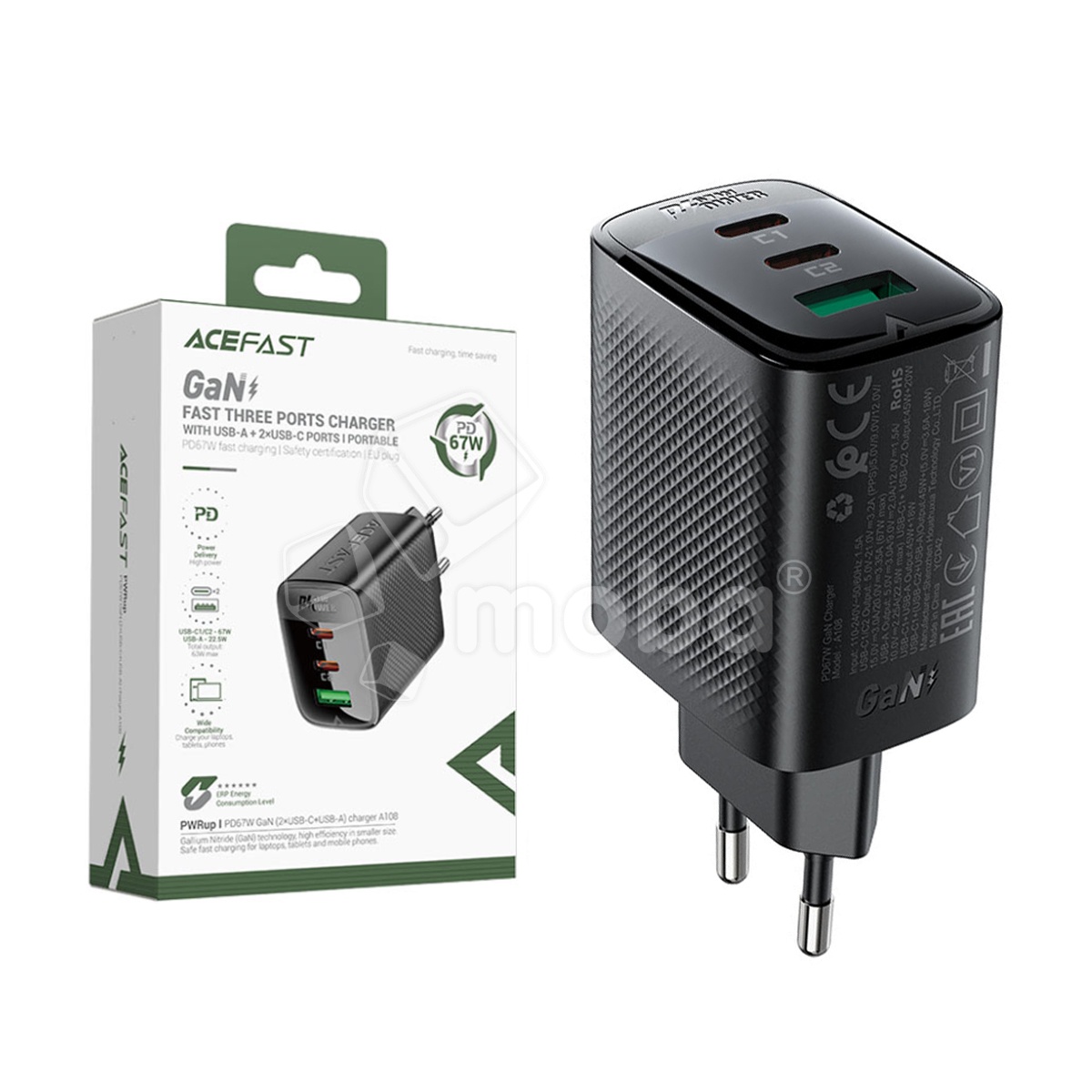 Сетевое зарядное устройство USB/Type-C Acefast A108 (67W, PD, 3 порта, GaN) Черный