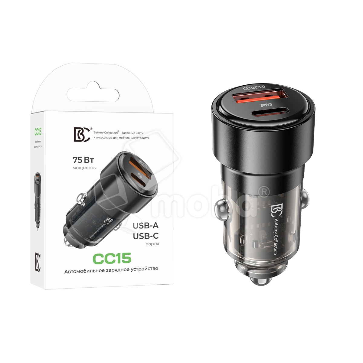 Автомобильное зарядное устройство USB/Type-C BC CC15 (75W, QC4.0, PD, SuperVOOC, 1Type-C, 1USB) Черный