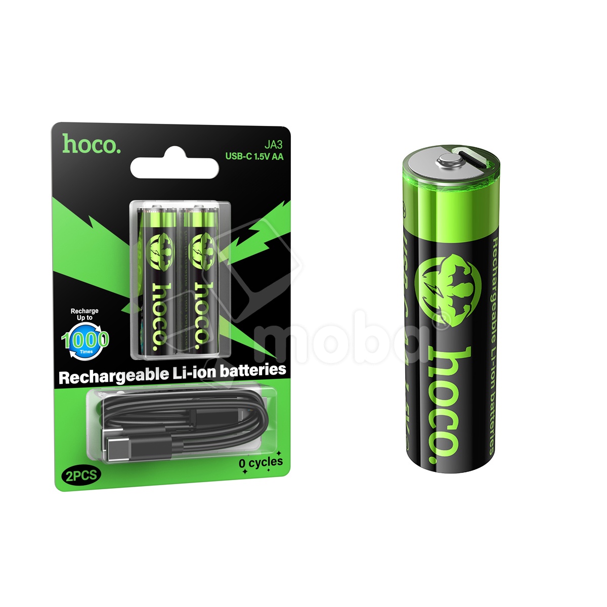 Аккумуляторные батарейки "AA" Hoco Li-ion 1.5V 2100 mAh (2 шт, перезаряжаемые, зарядка через Type-C)