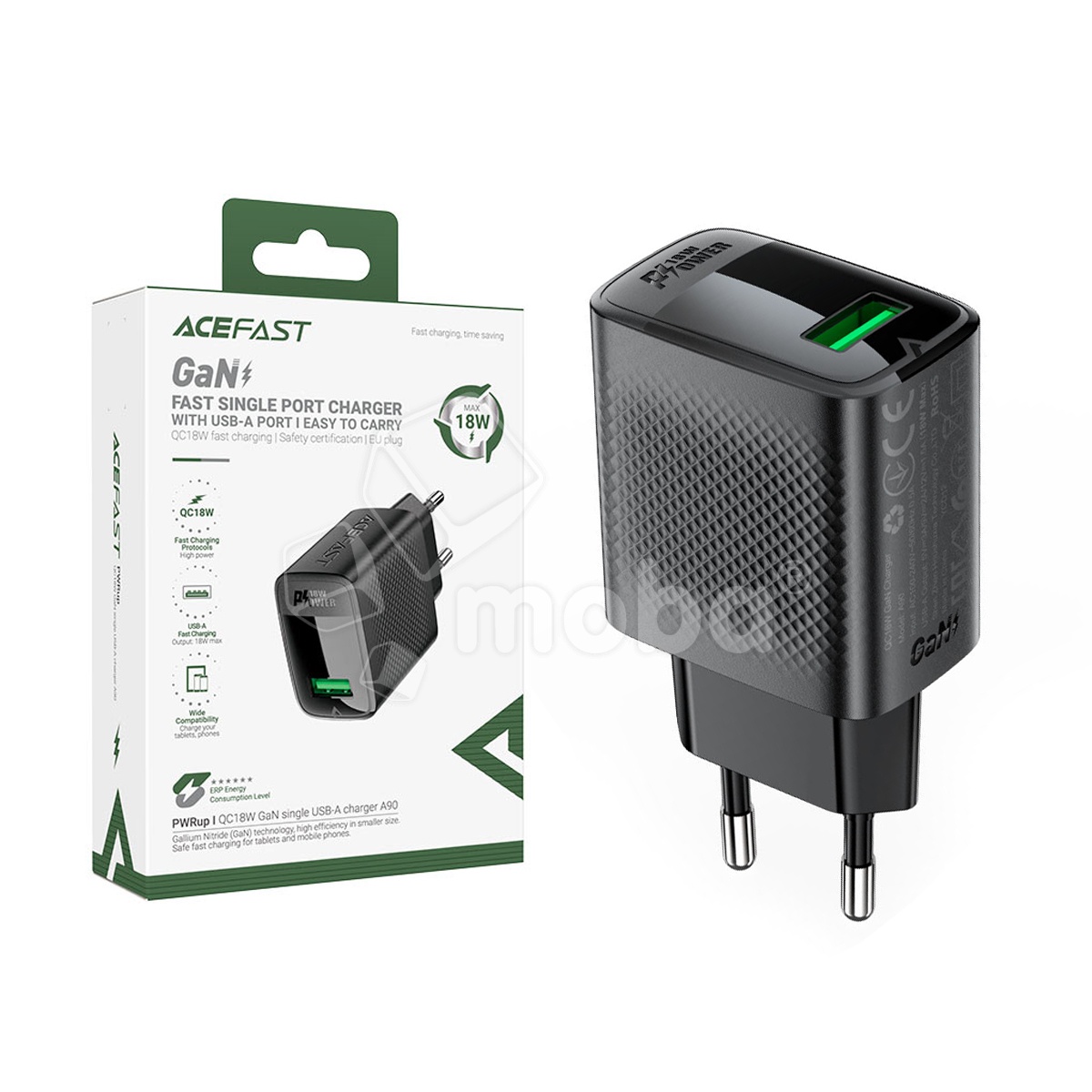 Сетевое зарядное устройство USB Acefast A90 (18W, QС3.0, GaN) Черный