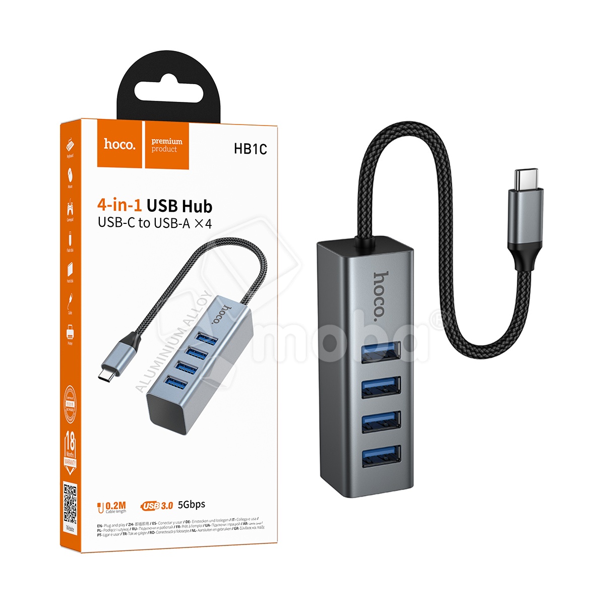 Адаптер-хаб Type-C + 4xUSB 3.0 Hoco HB1C Серый