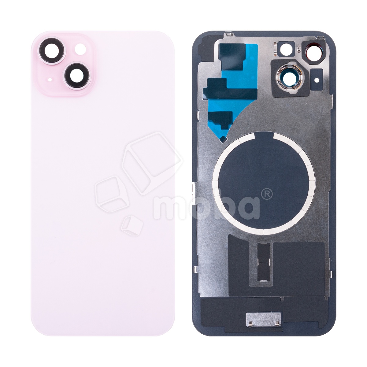 Задняя крышка для iPhone 15 Plus (A3094) в сборе со стеклом камеры Розовый (стекло, монолит, MagSafe, логотип) - Премиум
