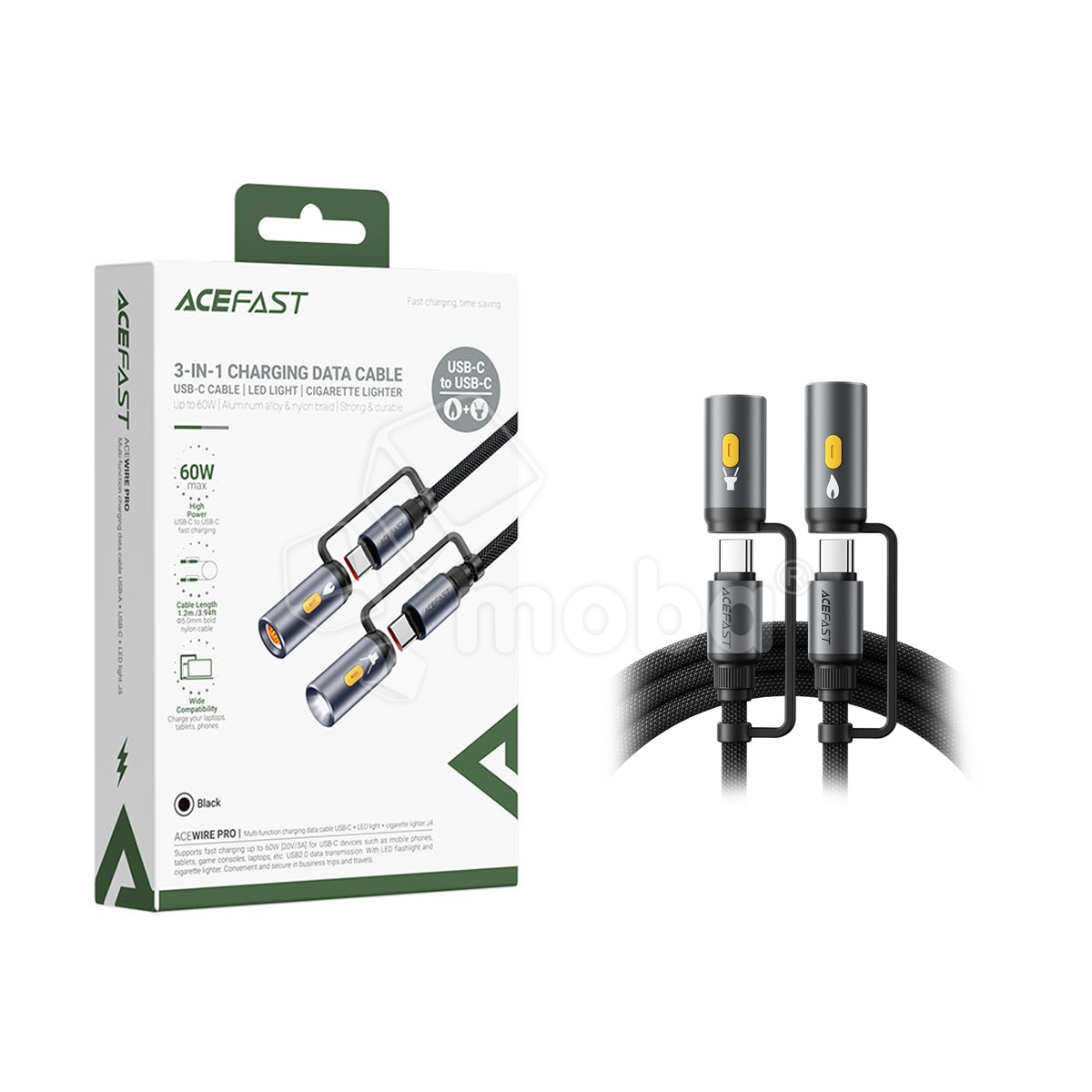 Кабель Type-C - 3 в 1 (Type-C+прикуриватель+LED подсветка) Acefast J4 (3A, 60W, оплетка нейлон, 1,2 м) Черный