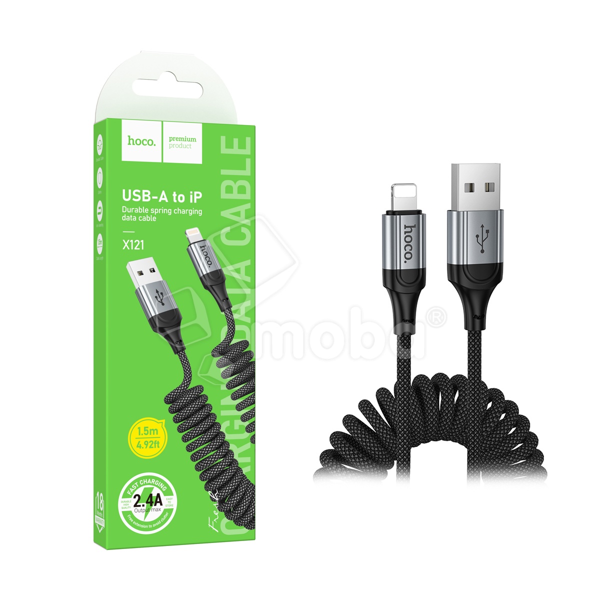 Кабель USB - Lightning Hoco X121 (2.4А, 1.5 м, пружина) Черный