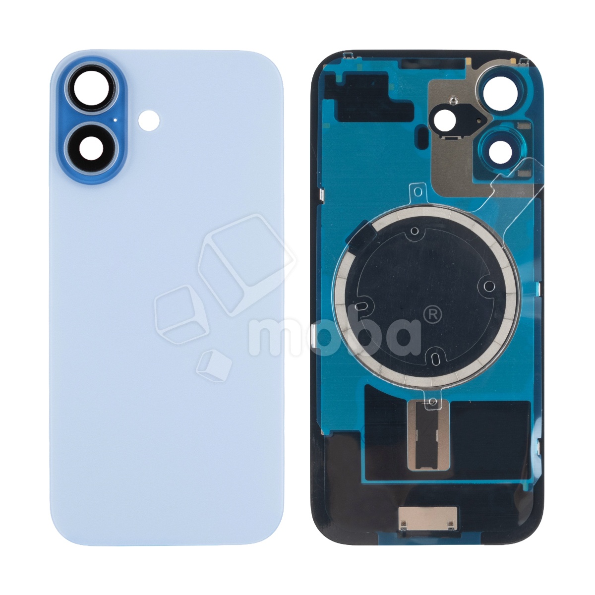 Задняя крышка для iPhone 17 (A3520) в сборе со стеклом камеры Голубой (стекло, монолит, MagSafe, логотип) - Премиум