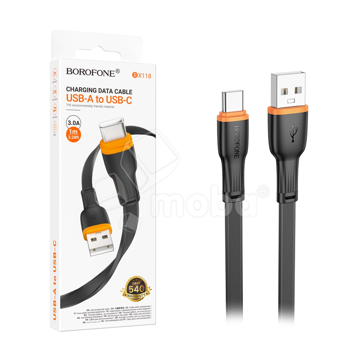 Кабель USB - Type-C Borofone BX118 (3A, плоский) Черный