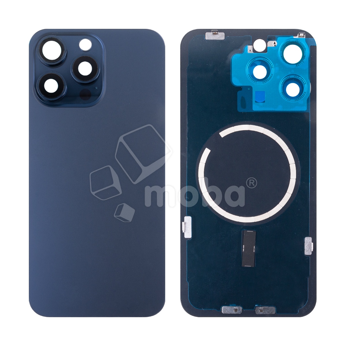 Задняя крышка для iPhone 15 Pro Max (A3106) в сборе со стеклом камеры Синий (стекло, монолит, MagSafe, логотип) - Премиум