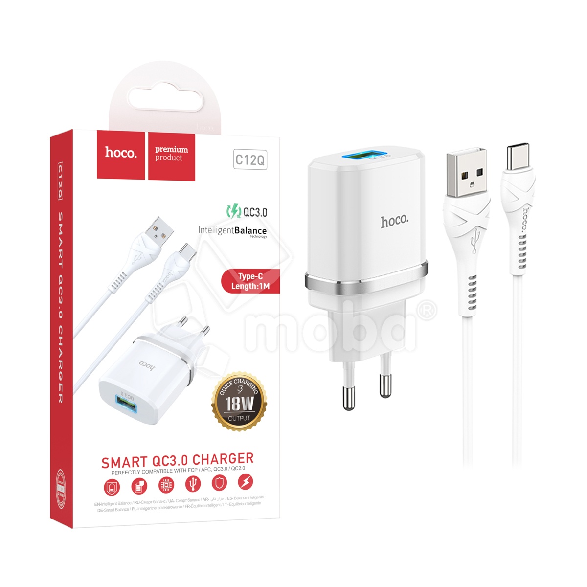 Сетевое зарядное устройство USB Hoco C12Q (18W, QС3.0, кабель Type-C) Белый