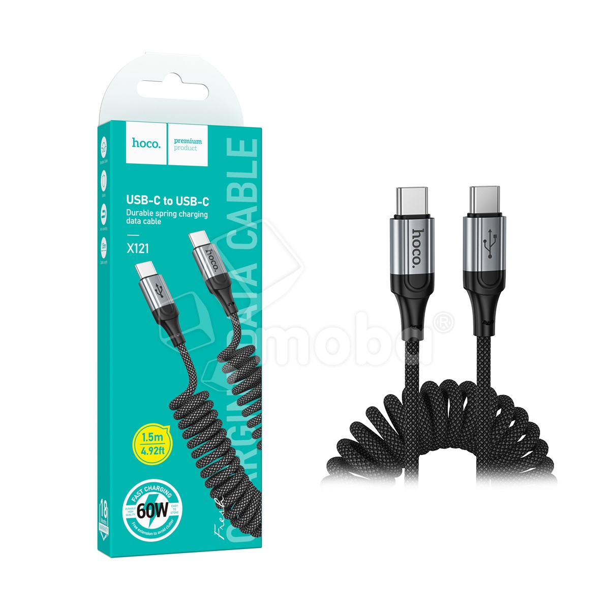 Кабель Type-C - Type-C Hoco X121 (3A, 60W, 1.5 м, пружина) Черный