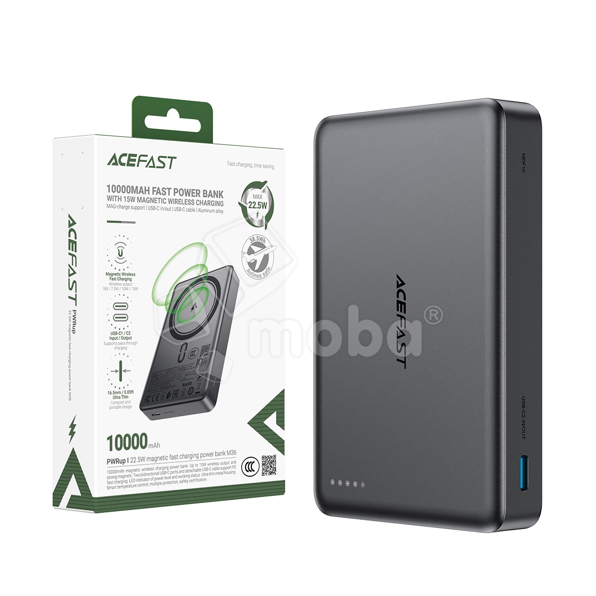 Внешний Аккумулятор (Power Bank) Acefast M36 10000 mAh (22.5W, PD, MagSafe 15W, Type-C, кабель Type-C, LED дисплей) Серый