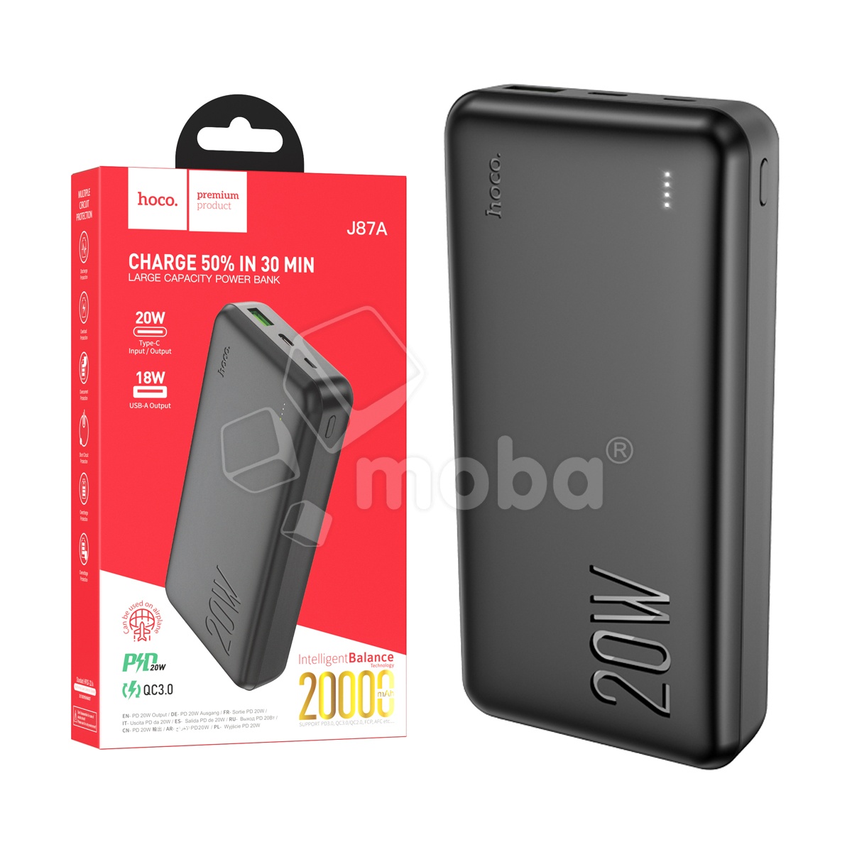Внешний Аккумулятор (Power Bank) Hoco J87A 20000 mAh (20W, QC3.0, PD, USB, MicroUSB, Type-C, LED индикатор) Черный